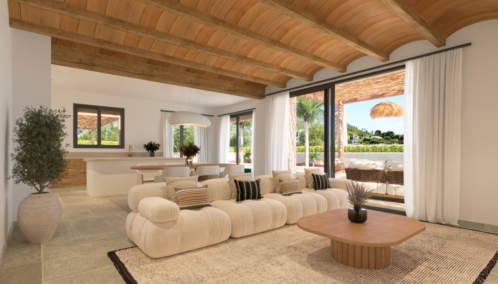 Open-plan living area featuring traditional Mediterranean vaulted ceilings with wooden beams and seamless access to a sun-drenched terrace through large sliding doors.