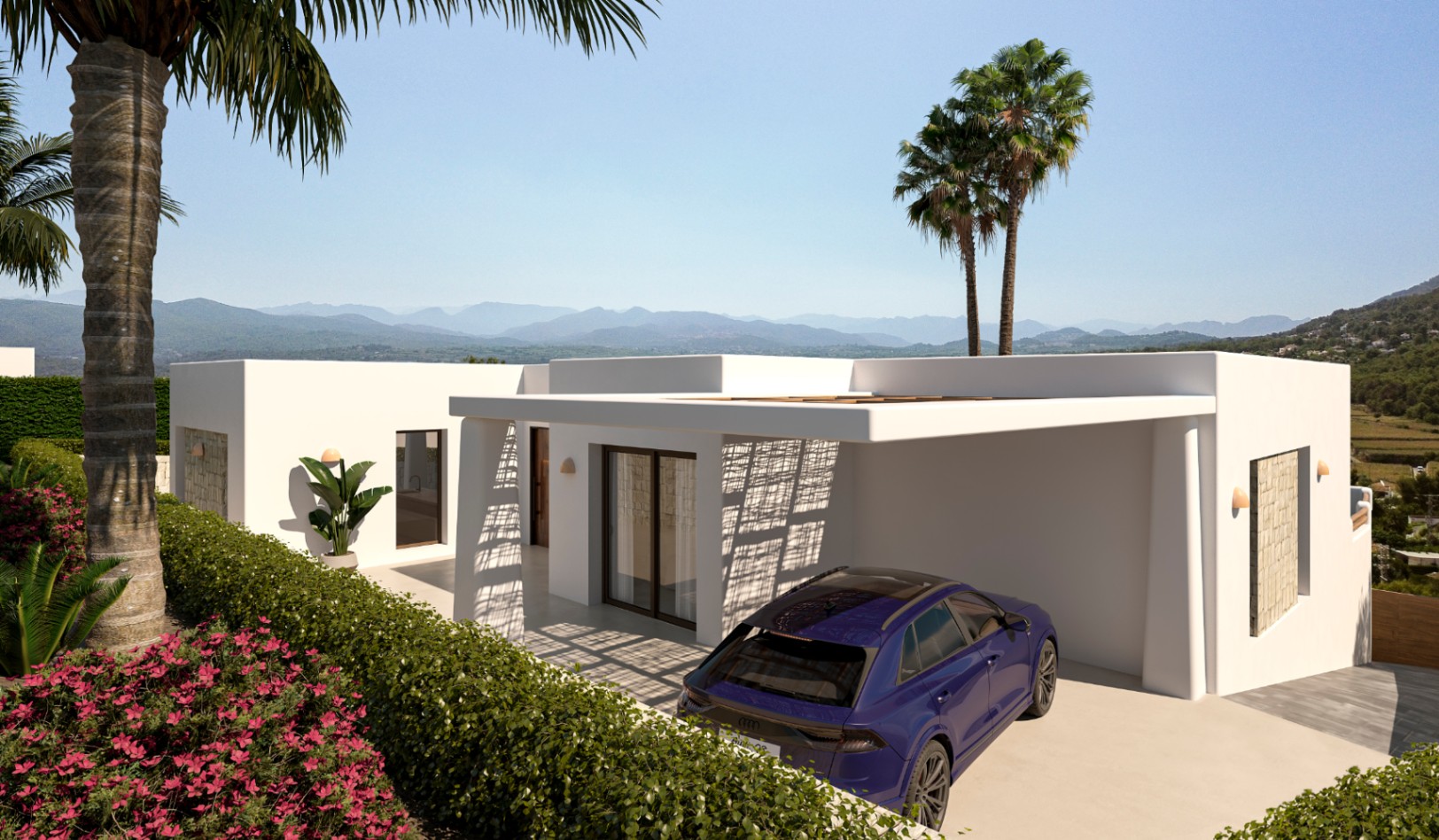Ibicencan-style exterior featuring a covered carport, natural stone accents, and panoramic mountain views framed by Mediterranean landscaping.