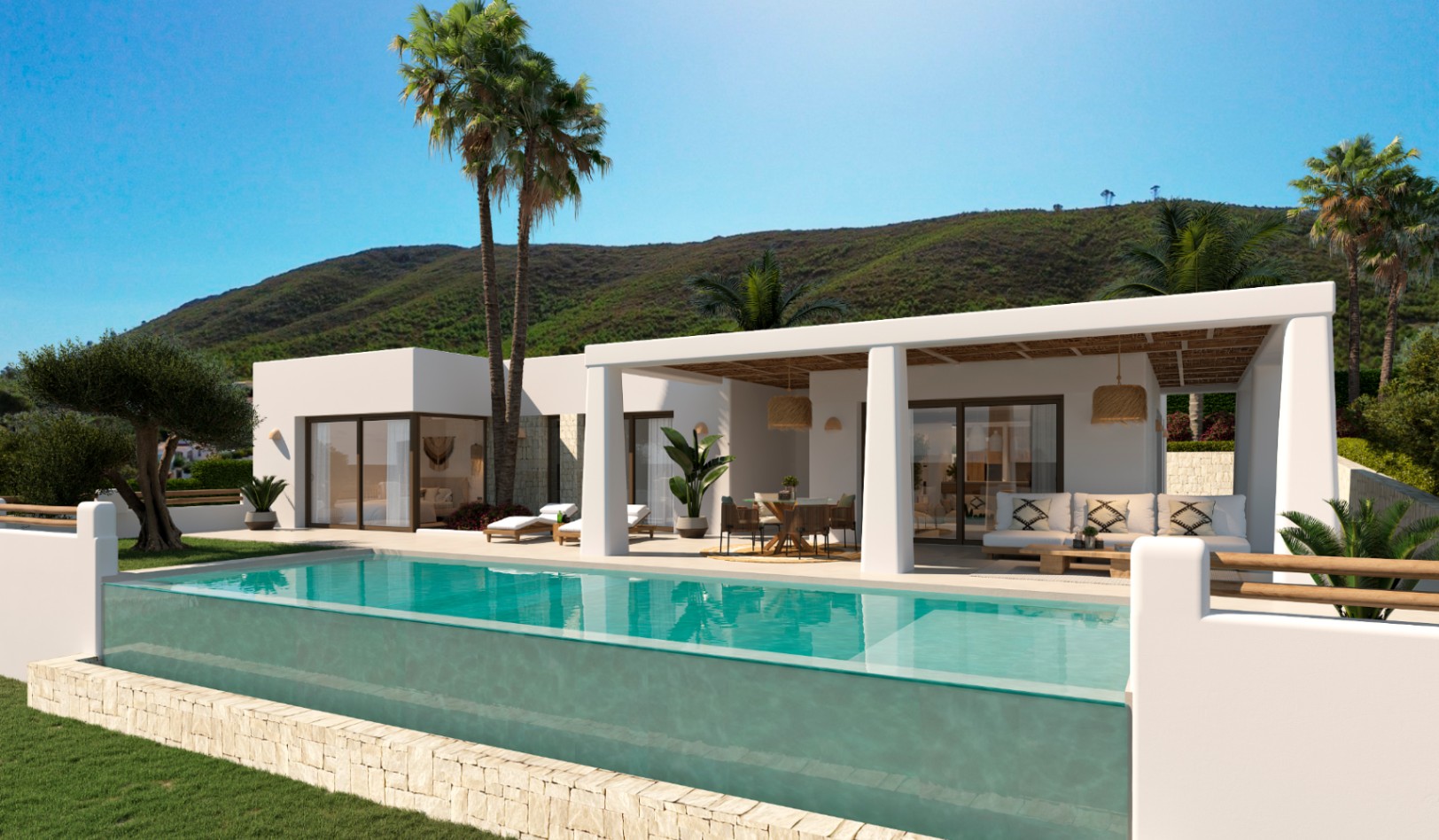 Ibicencan-style villa featuring an infinity pool with a glass wall, a covered terrace with natural wood ceilings, and panoramic mountain views.