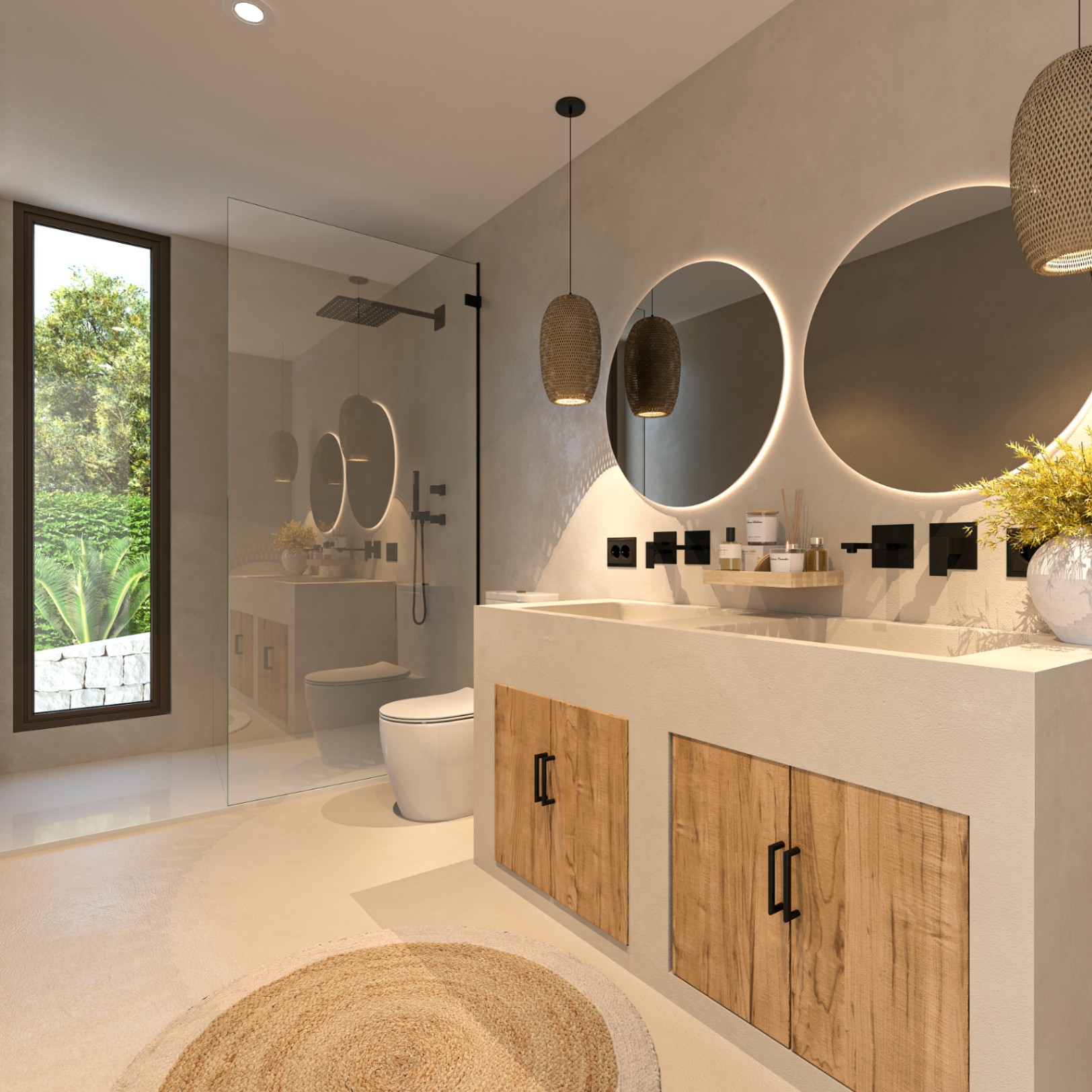 Ibizan-style bathroom featuring a double integrated vanity, backlit circular mirrors, black fixtures, and a walk-in shower with garden views through a large window.