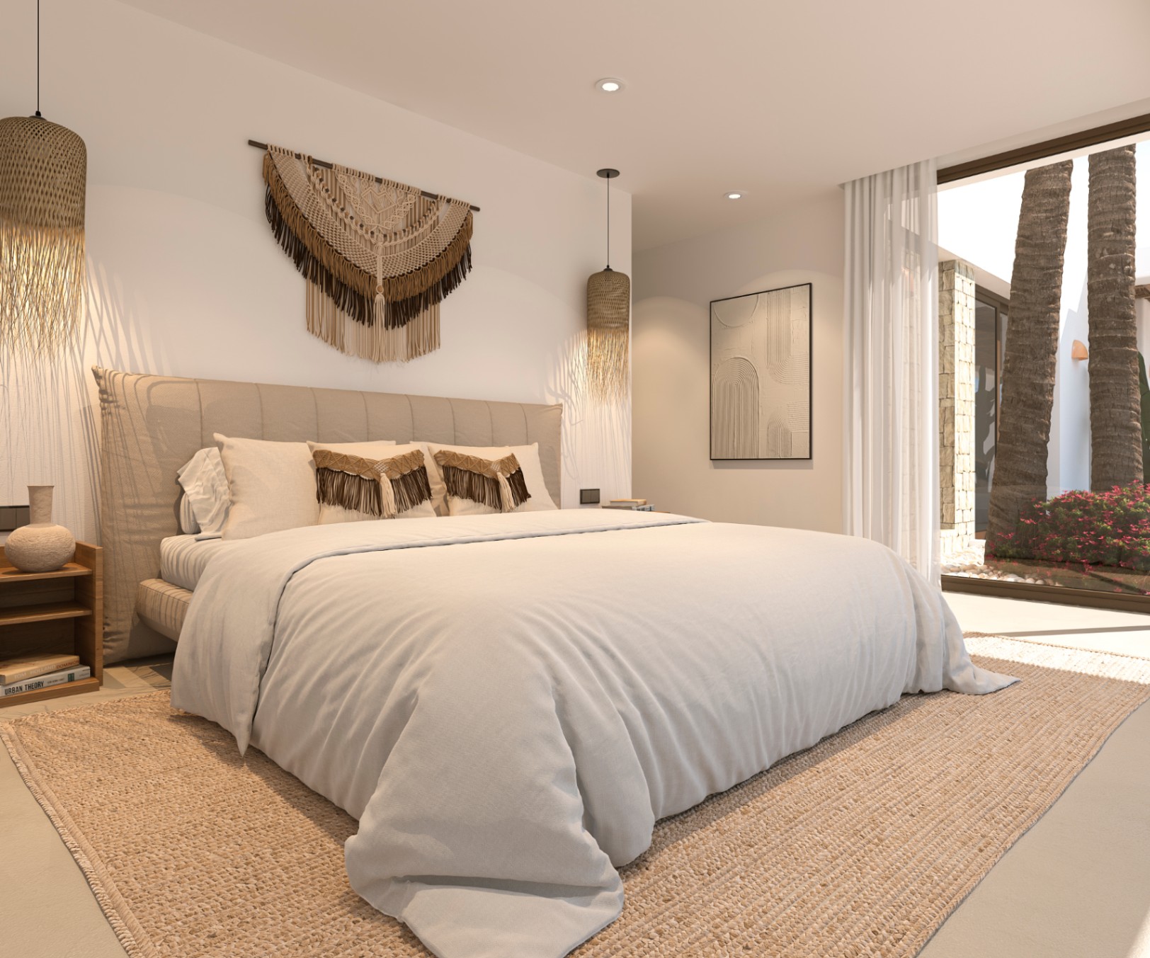 Ibizan-style bedroom featuring a macramé wall hanging, wicker pendant lights, and floor-to-ceiling windows overlooking palm trees.