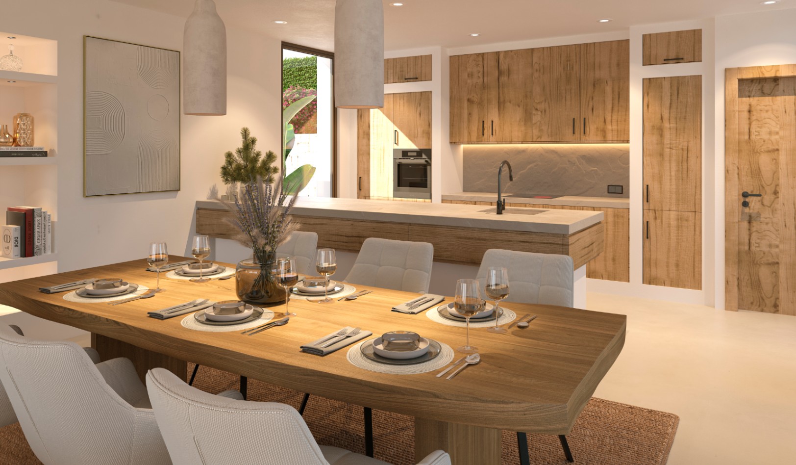 Open-plan dining and kitchen area featuring natural wood cabinetry, a central island with a stone countertop, and integrated modern appliances.