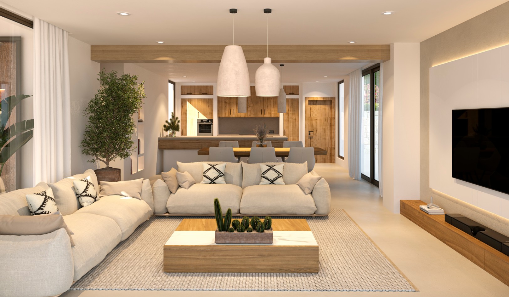 Open-plan Ibicencan living area featuring exposed wooden beams, neutral textiles, and a seamless transition to the dining space and wood-accented kitchen.