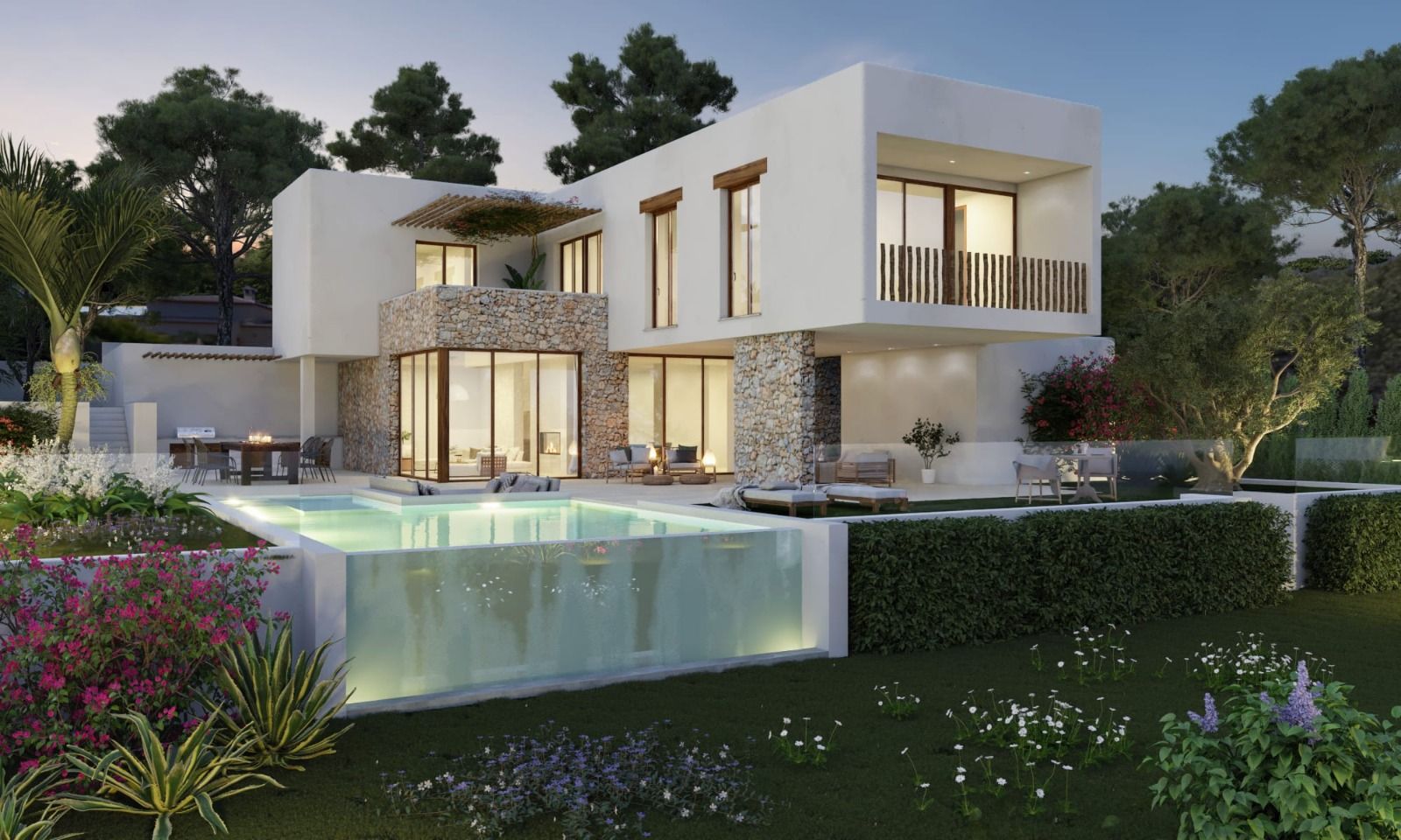 Ibizan-style villa featuring natural stone walls and a contemporary pool with a glass side, set within landscaped Mediterranean gardens.