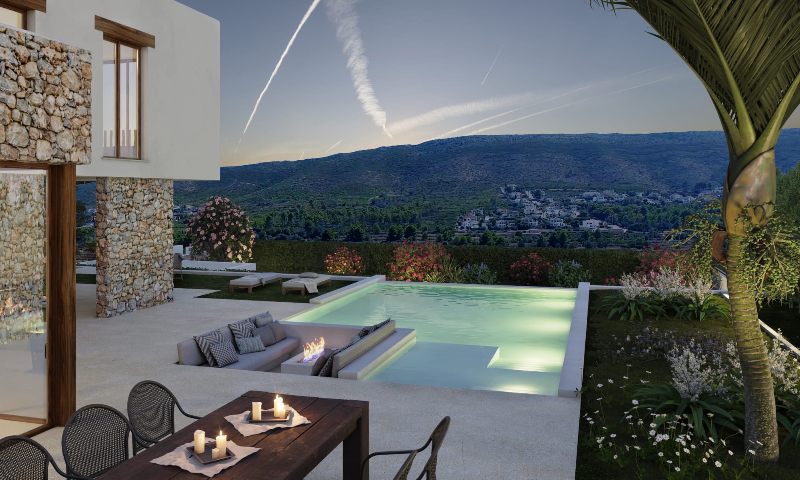 Outdoor terrace featuring an infinity pool with an integrated sunken lounge and fire pit. Natural stone walls and panoramic valley views define this Ibizan-style exterior.