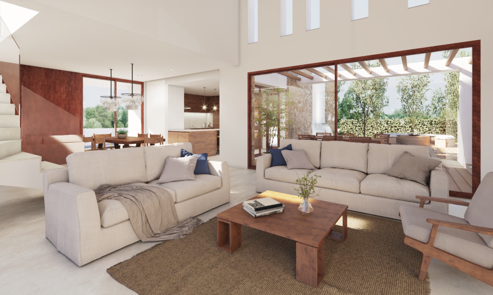 Bright living room featuring white sofas, wood coffee table, and access to an outdoor terrace.