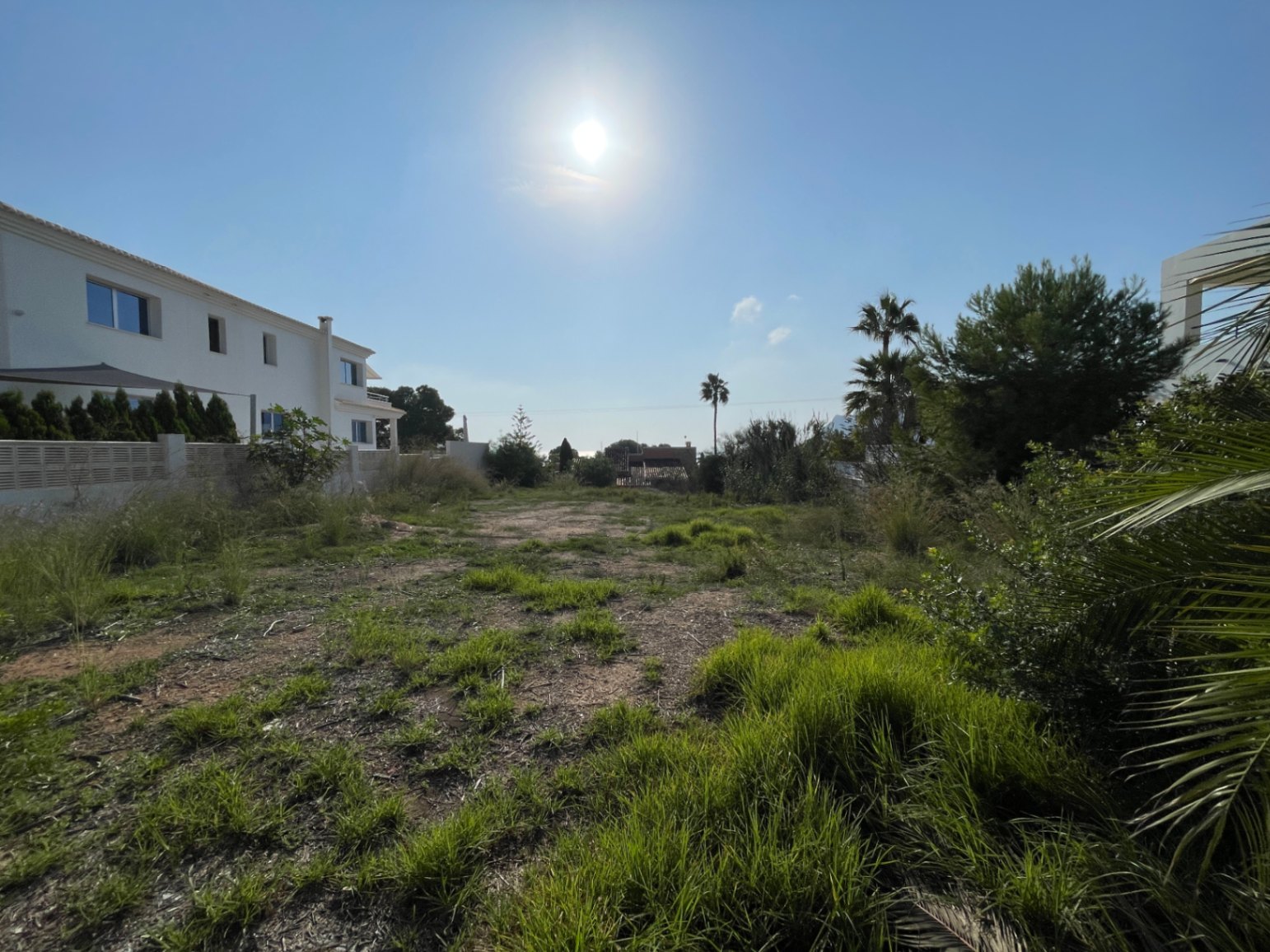 Flat 856 m² plot in Bassetes, Calpe, featuring south-facing orientation and natural vegetation, situated in a quiet residential area near modern villas.