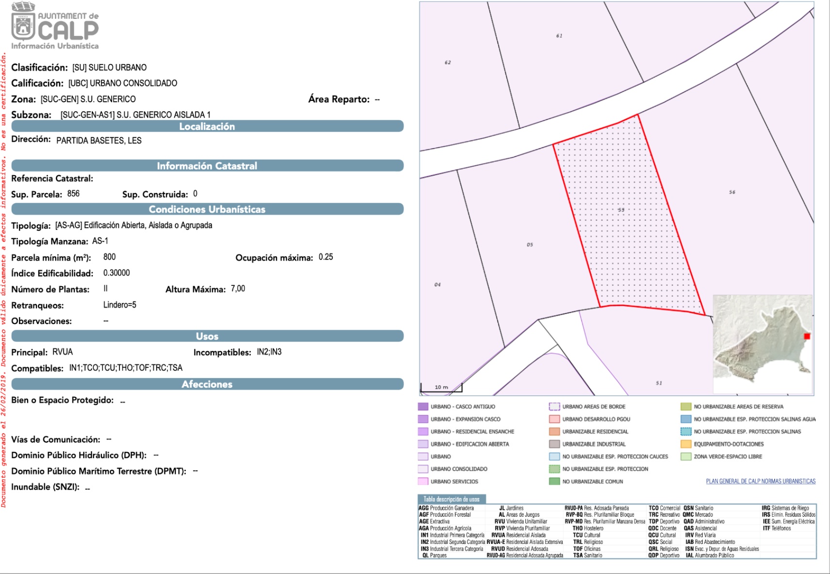 Official urban planning document for the Bassetes plot in Calpe, showing the 856 sqm area, 0.30 buildability index, and regulations for a detached villa.