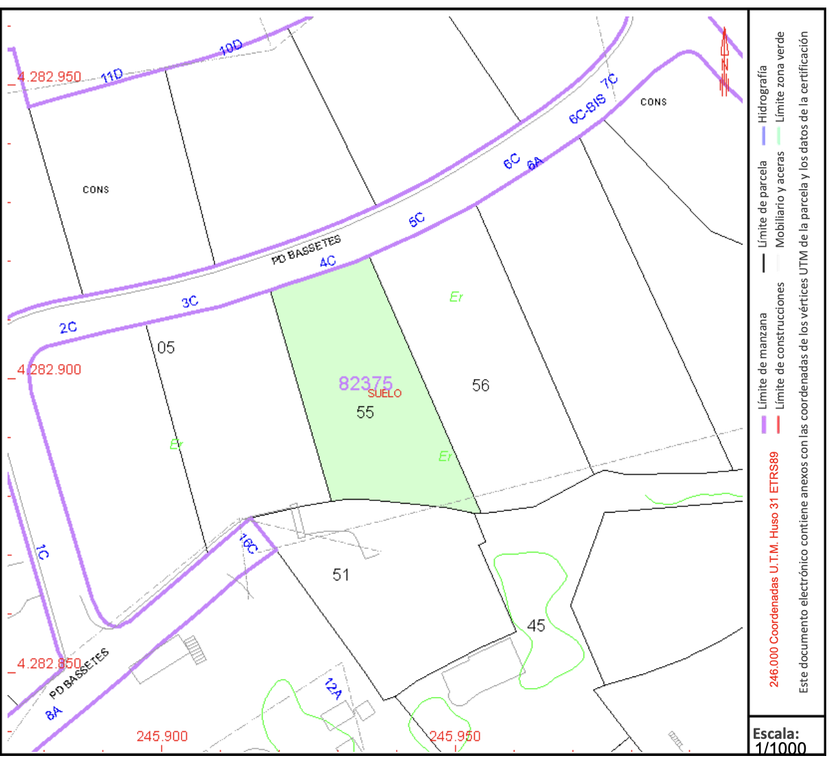 Technical cadastral map showing the exact boundaries and location of plot 55 in Bassetes, Calpe, including street access and neighboring lot numbers.