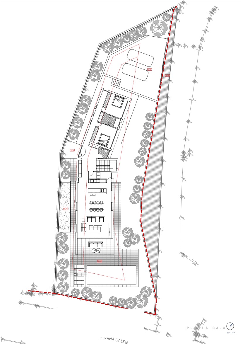 Detailed ground floor plan illustrating the open-plan living area, kitchen, bedrooms, expansive terrace with private pool, and dedicated parking spaces on the plot.