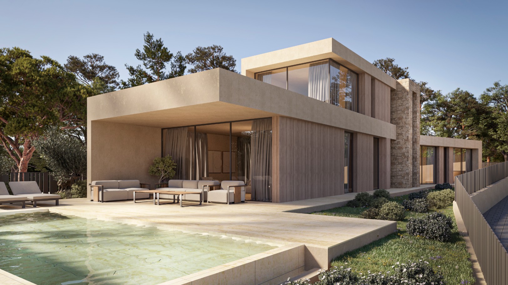Modern Ibicenco-style villa featuring natural stone walls, wood paneling, and a spacious terrace with an integrated pool and shaded lounge area.