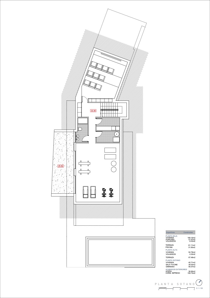 Technical basement floor plan detailing a home cinema with tiered seating, a dedicated gym area, and integrated utility rooms for the villa.