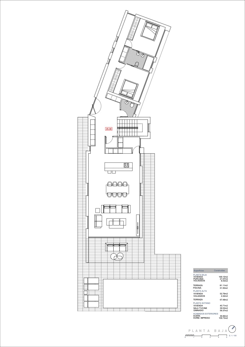 Technical floor plan of the ground floor showing the open-plan living area, kitchen with island, two bedrooms, and the expansive terrace with a private pool.