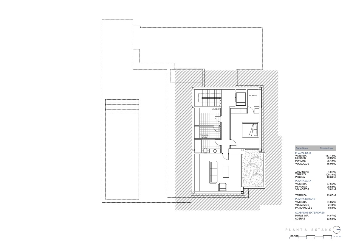Detailed floor plan of the basement level featuring a laundry room, technical room, storage, and a spacious studio area with an English courtyard.