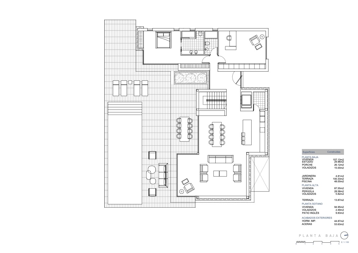 Detailed ground floor plan illustrating the open-plan living and dining area, kitchen with island, en-suite bedroom, study, and expansive terrace with a private pool.