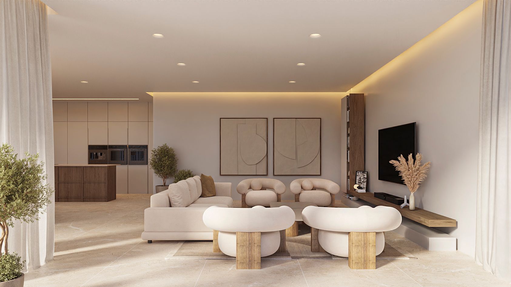 Open-plan living area featuring neutral-toned furniture, indirect LED lighting, and stone flooring. The space flows seamlessly into the designer kitchen in the background.