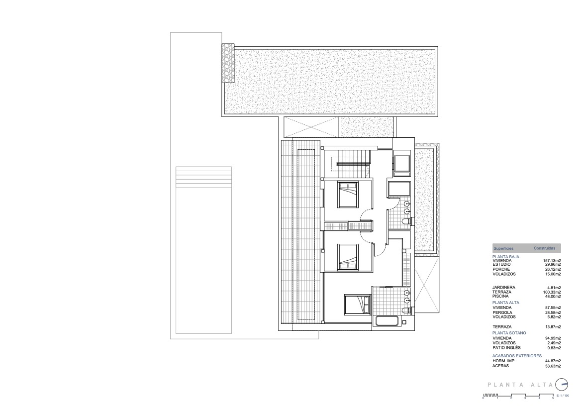 Technical floor plan of the upper level showing the layout of three bedrooms, two bathrooms, and a terrace, with a detailed breakdown of built areas.