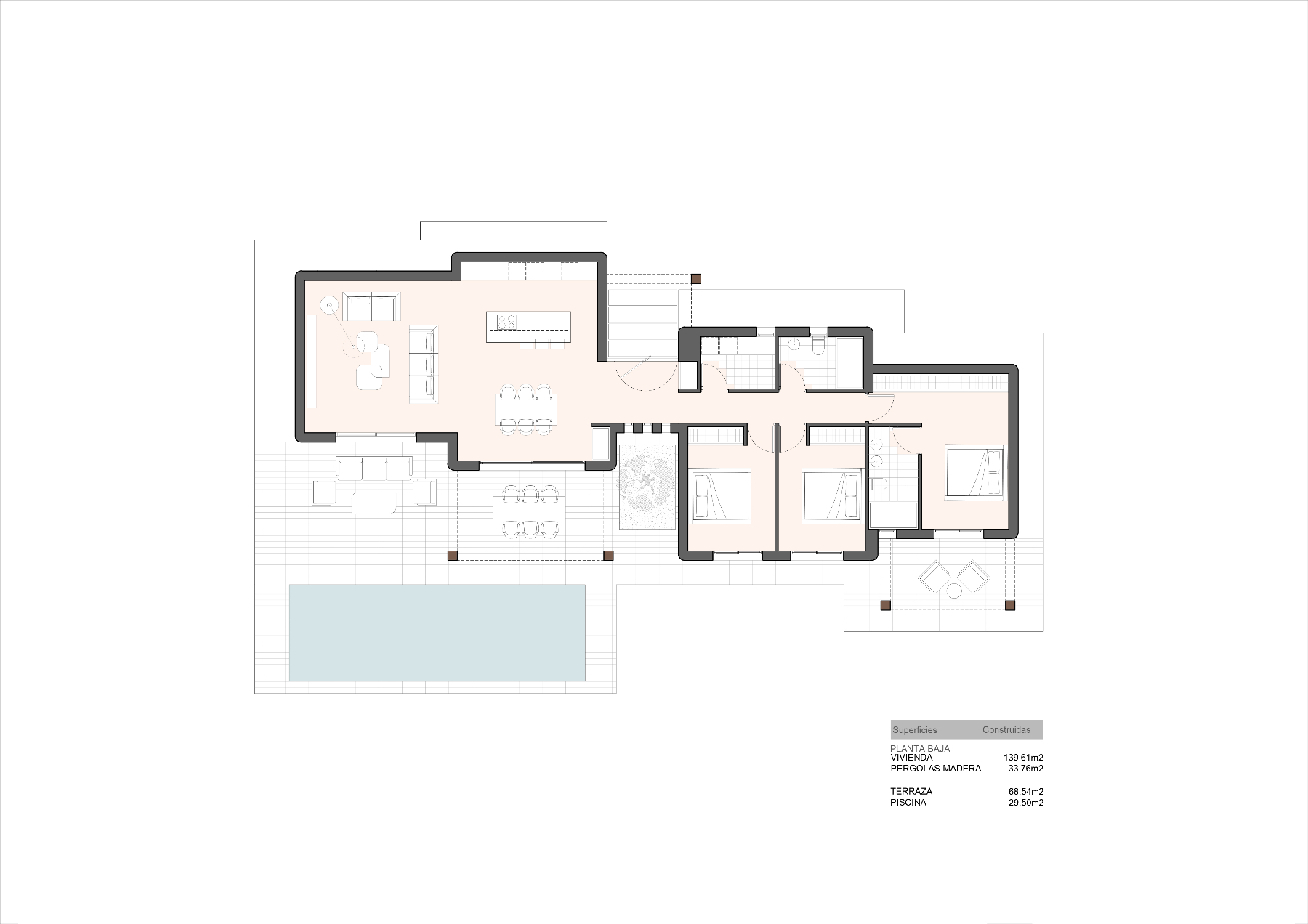 Detailed ground floor plan illustrating an open-concept living area, three bedrooms, and a spacious outdoor terrace featuring a private swimming pool and wooden pergolas.