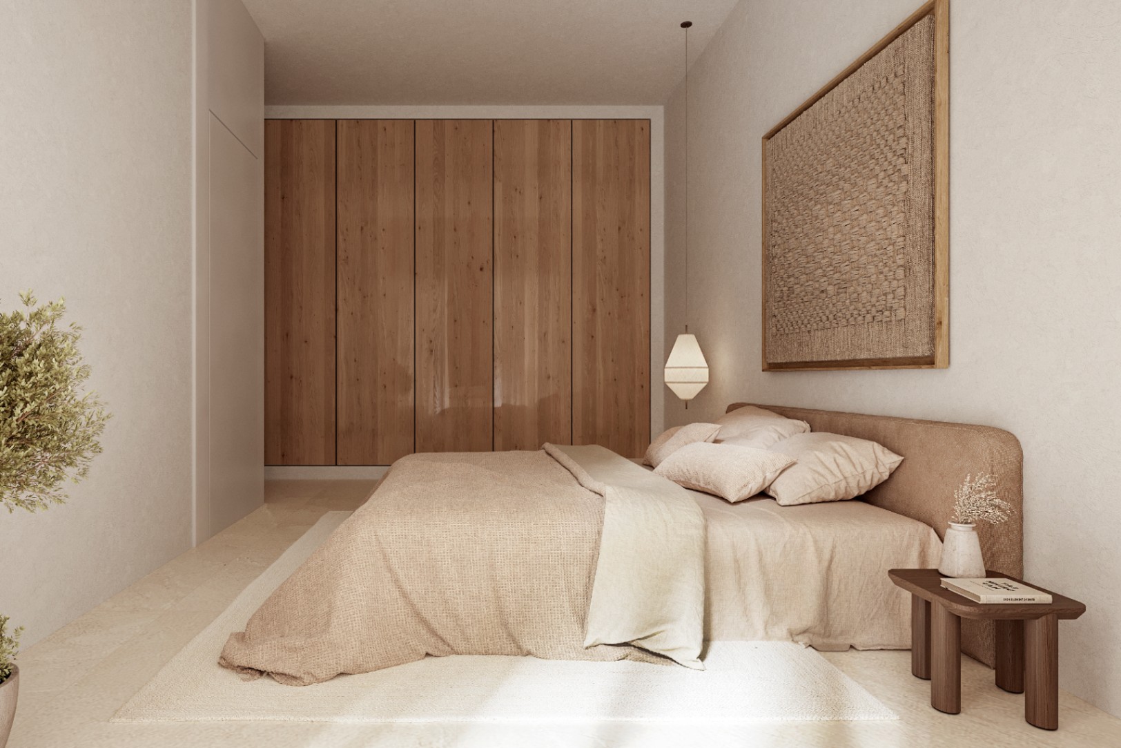 Ibicencan-style bedroom featuring floor-to-ceiling wooden wardrobes, neutral-toned walls, linen bedding, and a large woven wall art piece.