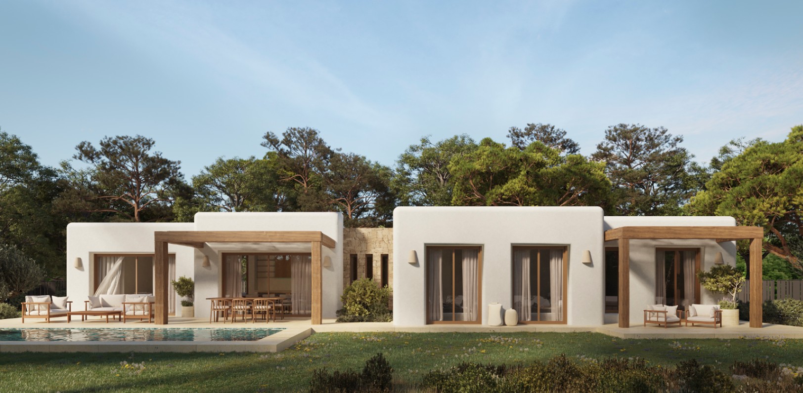 Ibicencan-style villa featuring white smooth-plastered walls, natural wooden pergolas, and large sliding doors opening onto the pool and landscaped garden.