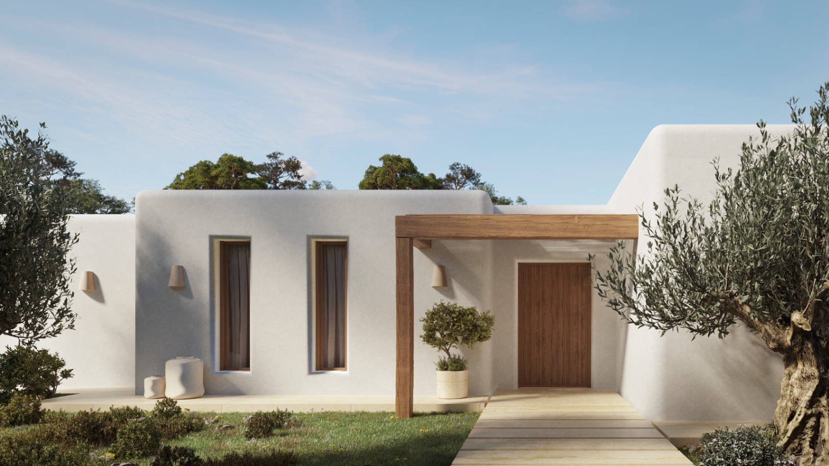 Ibizan-style main entrance featuring white stucco walls, natural wood beams, and matching door, complemented by olive trees and Mediterranean landscaping.