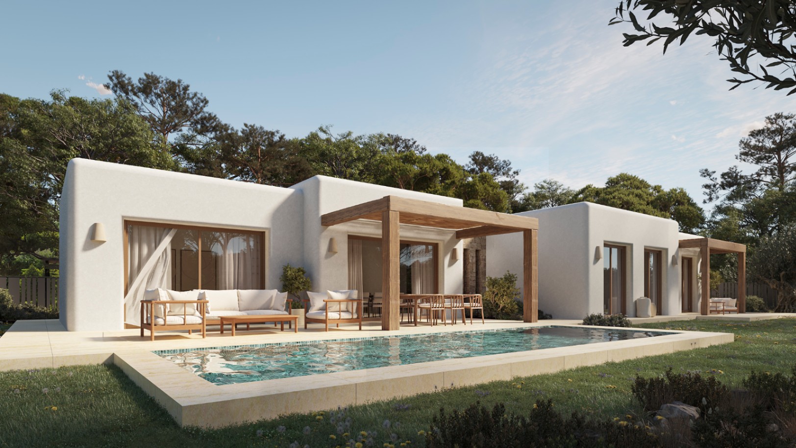 Ibizan-style villa exterior featuring white rounded masonry, wooden pergolas, and a rectangular pool set within a Mediterranean garden with lounge seating.