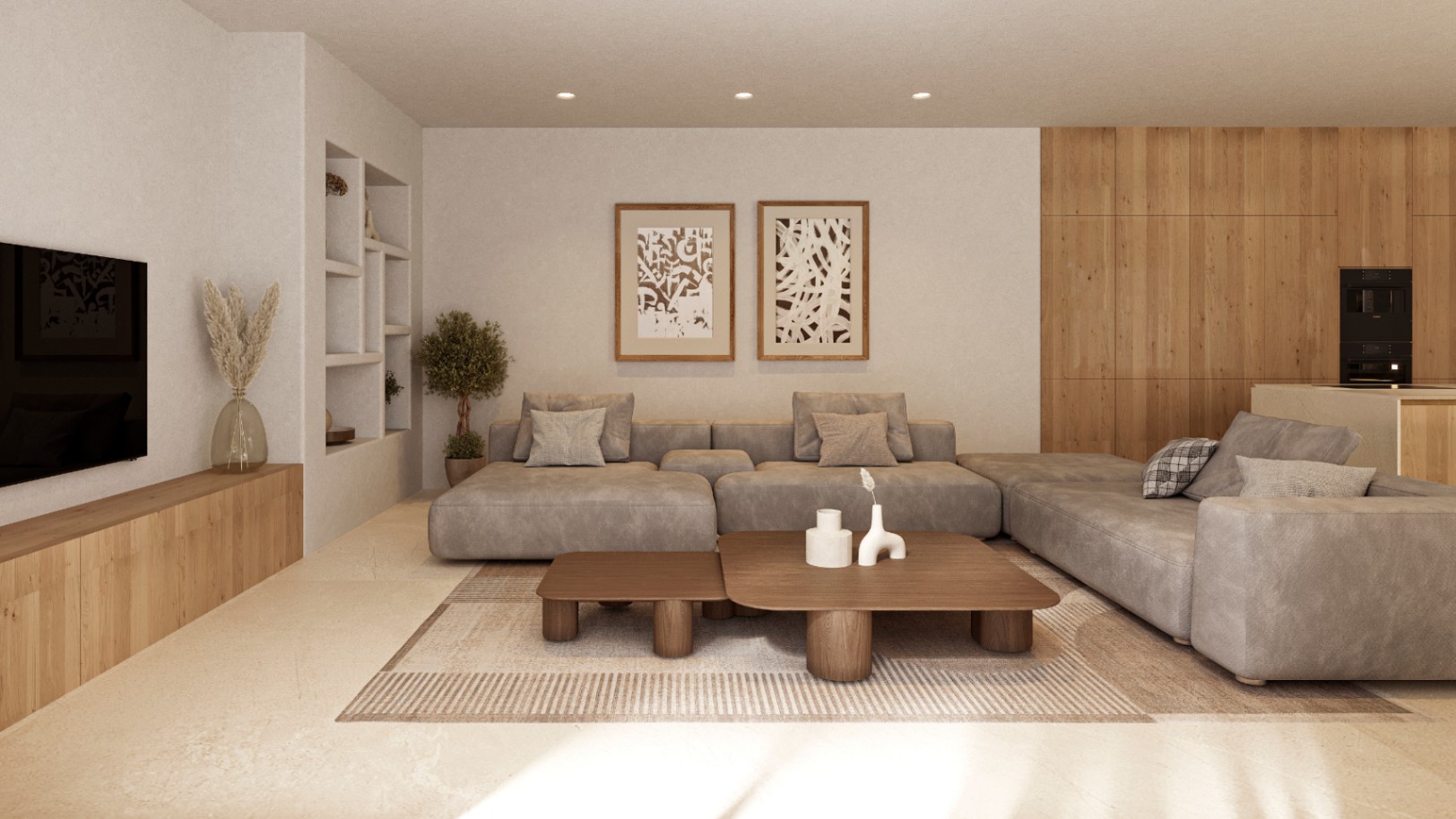 Open-concept living area featuring a grey modular sofa, wooden coffee tables, and built-in wall niches. Natural wood paneling and recessed lighting complement the minimalist design.