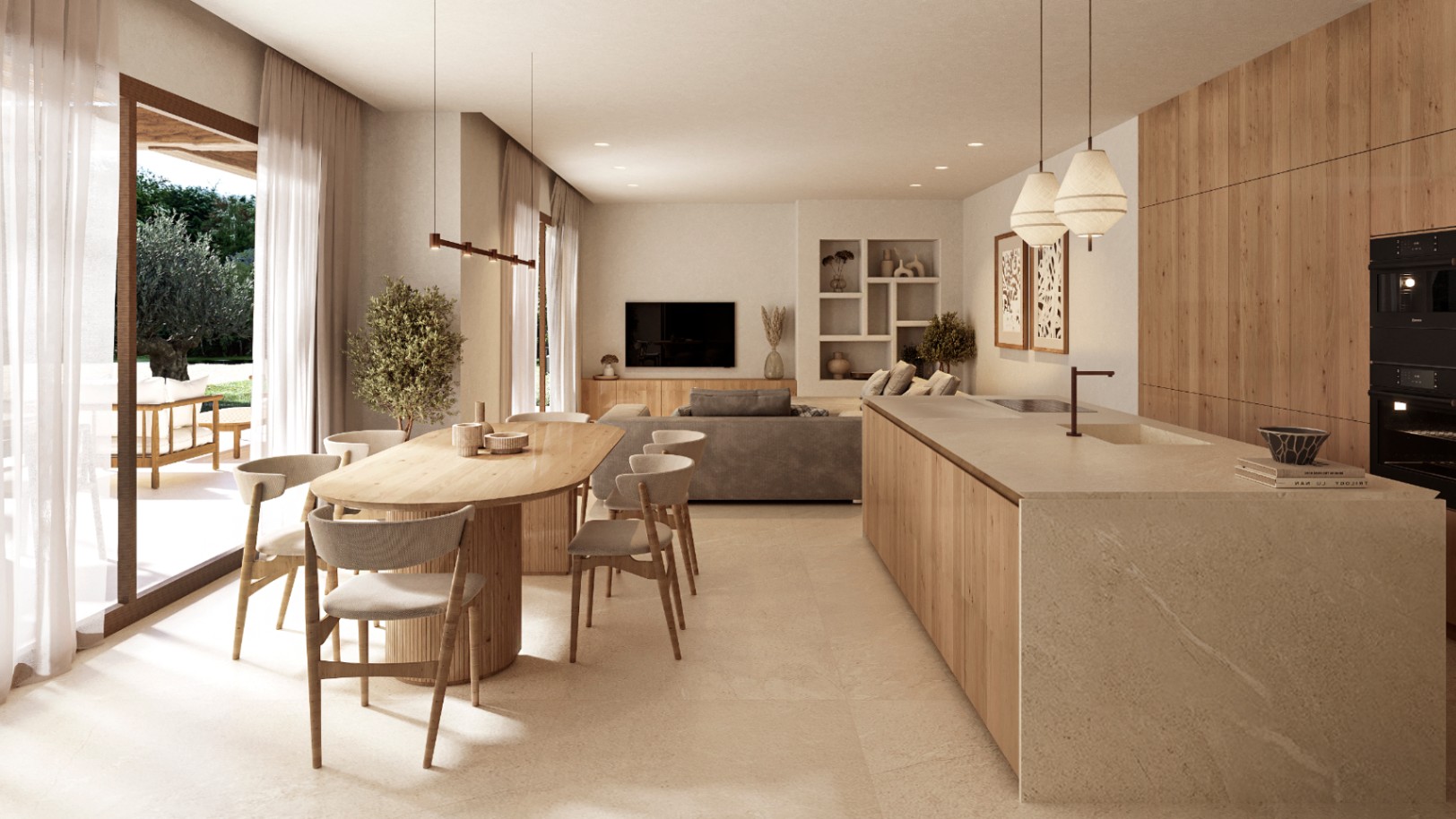 Open-plan living area featuring a stone kitchen island, oval wooden dining table, and large sliding doors opening to a terrace with an olive tree.