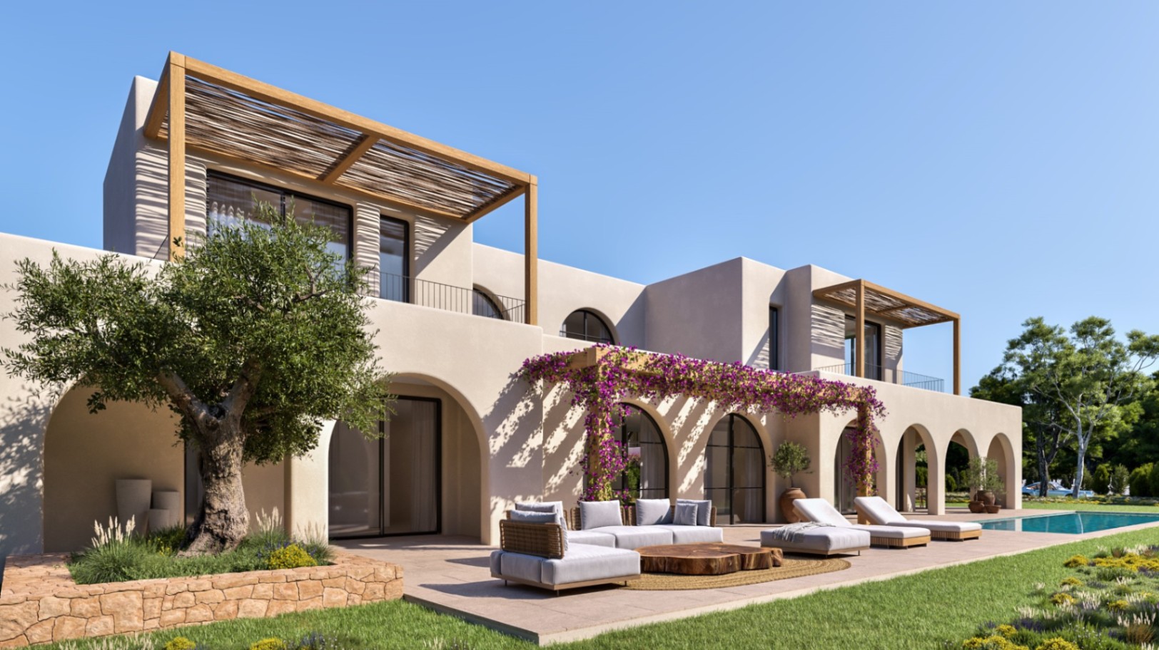Exterior facade featuring arched bays, wooden pergolas with bougainvillea, and a lounge area. Includes a mature olive tree and a swimming pool set in a Mediterranean garden.