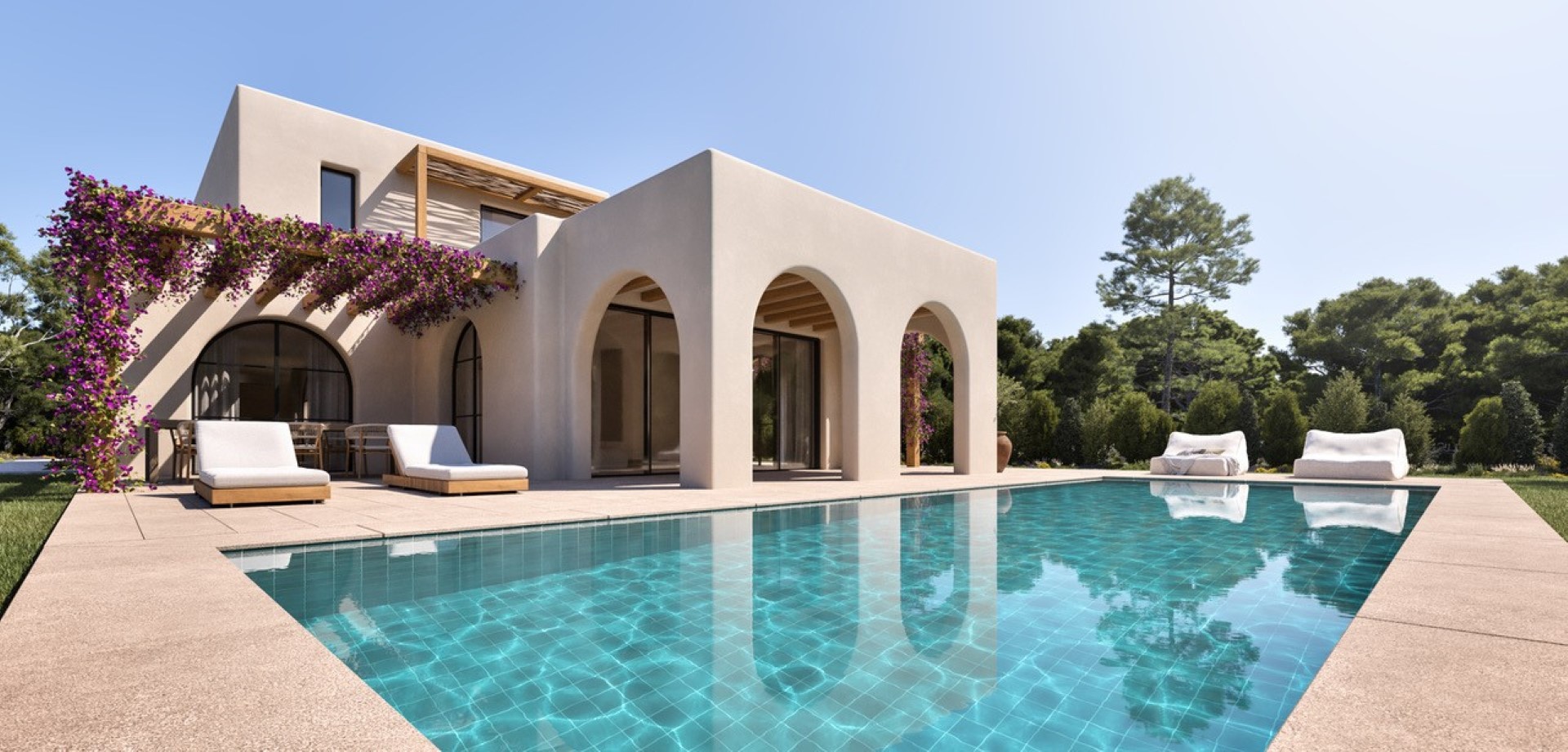 Luxury villa exterior showcasing a turquoise pool, Mediterranean arched naya, and wooden pergolas with vibrant bougainvillea.