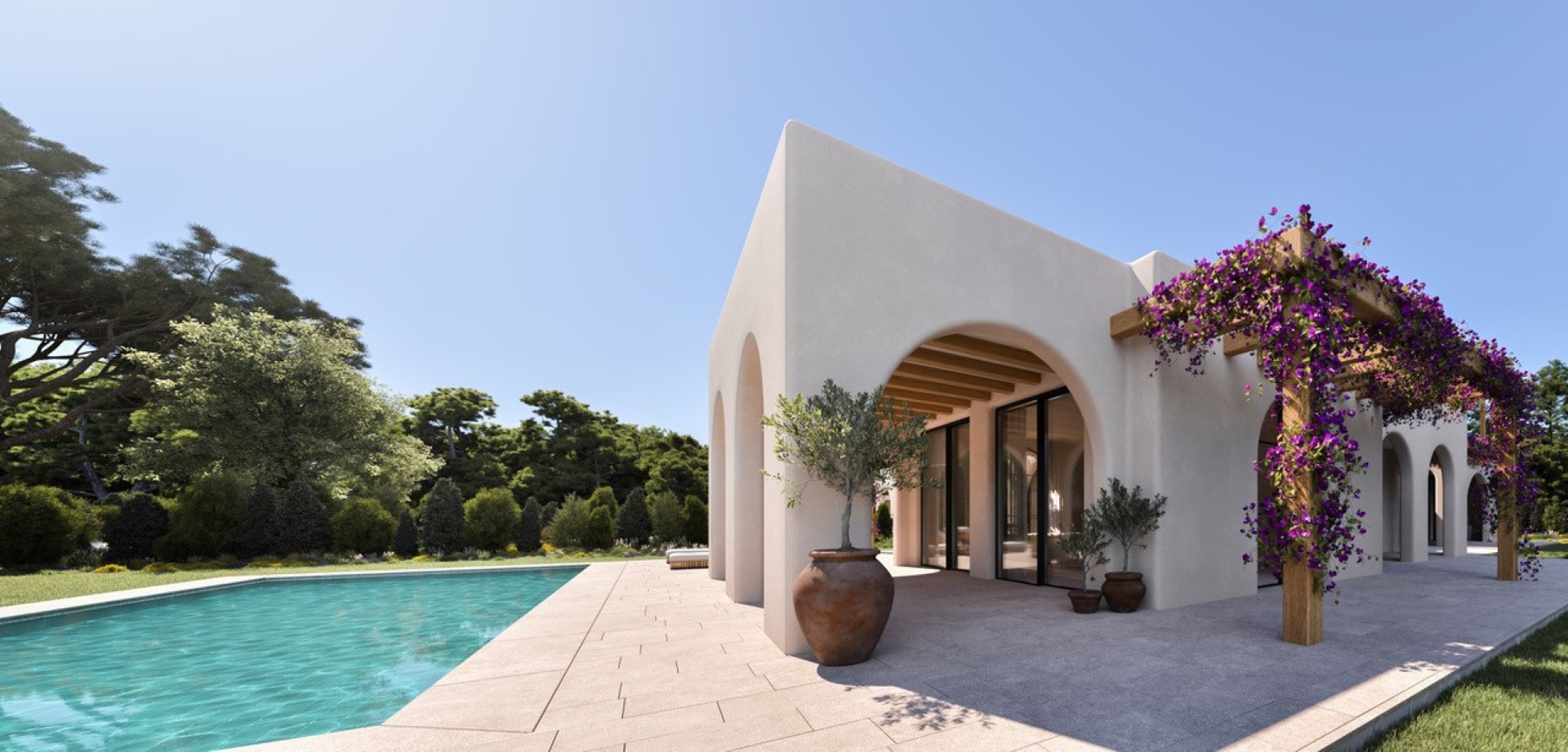 Mediterranean arched naya with wooden beams and a bougainvillea-covered pergola next to the private pool and landscaped garden.