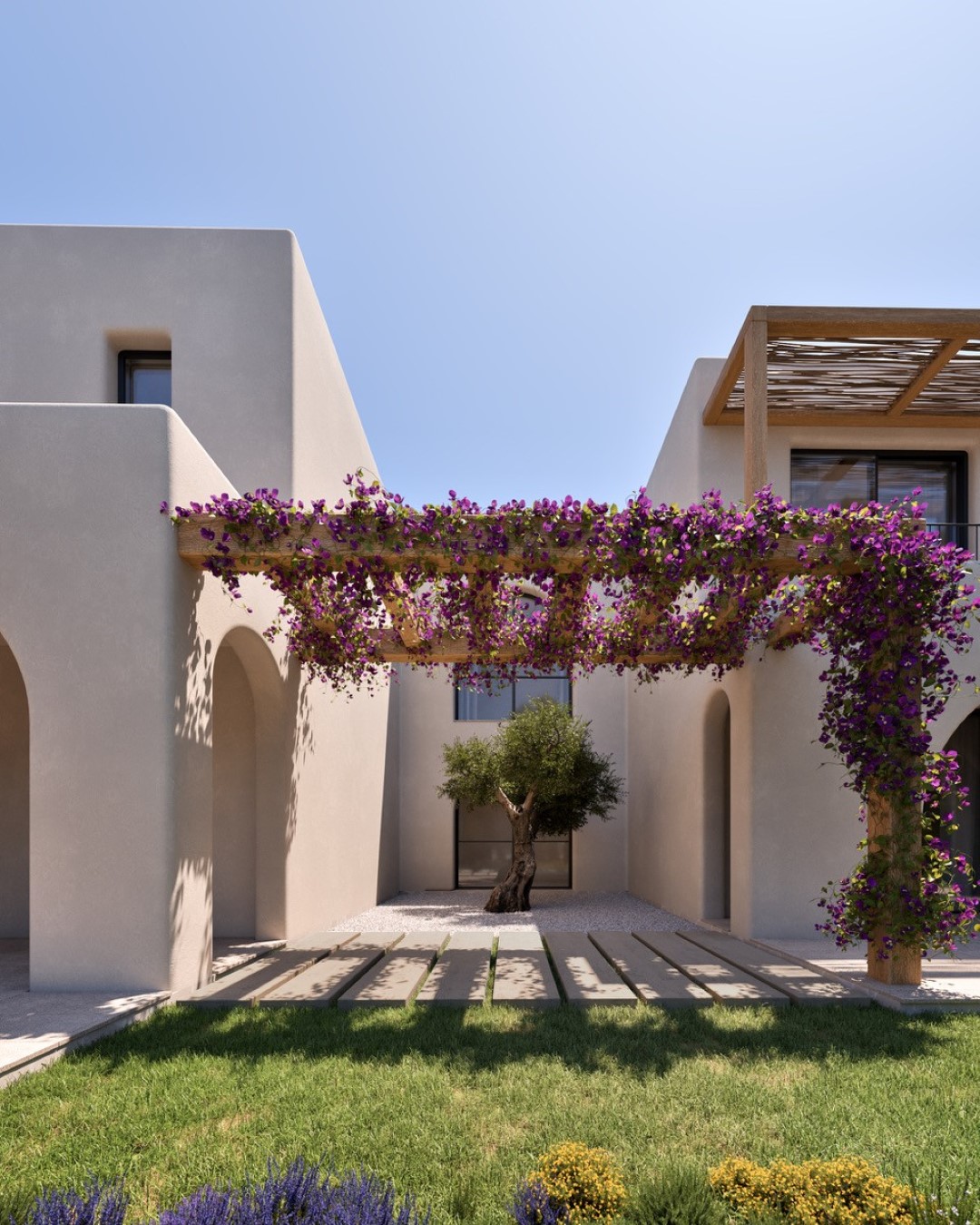 Mediterranean courtyard featuring a wooden pergola with purple bougainvillea, architectural arches, and a central olive tree set in gravel.