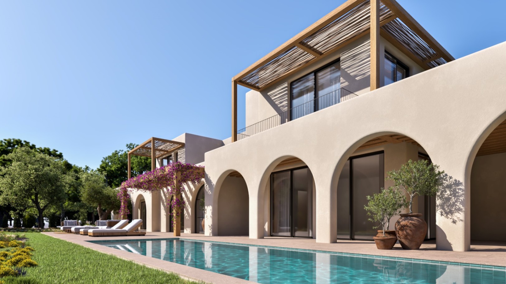 Mediterranean facade featuring elegant arches, a rectangular swimming pool, and wooden pergolas. The outdoor space includes a sun deck with loungers and lush greenery.
