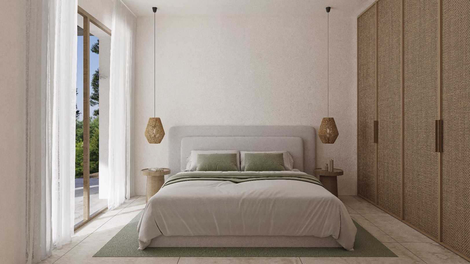 Bedroom featuring a double bed, wicker pendant lights, and a wardrobe with woven texture doors.