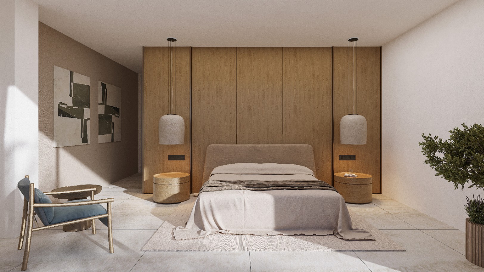 Bedroom featuring a wood-paneled wall and pendant lights. Double bed with neutral bedding and cylindrical bedside tables.