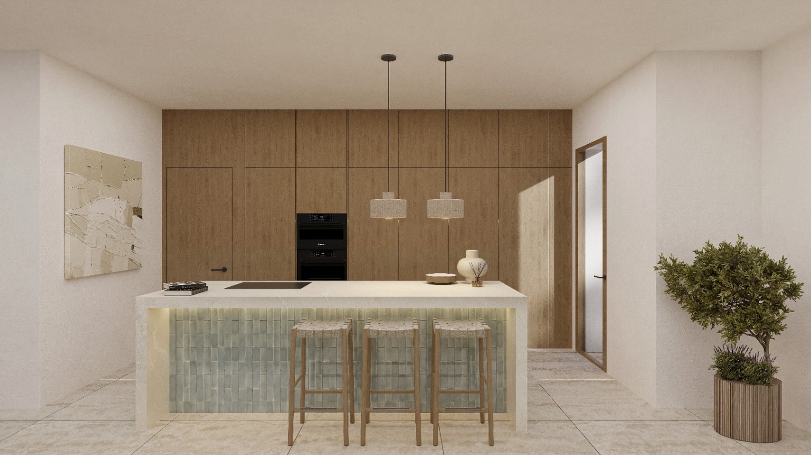 Modern kitchen featuring a central island cladded in tiles and light wood stools.