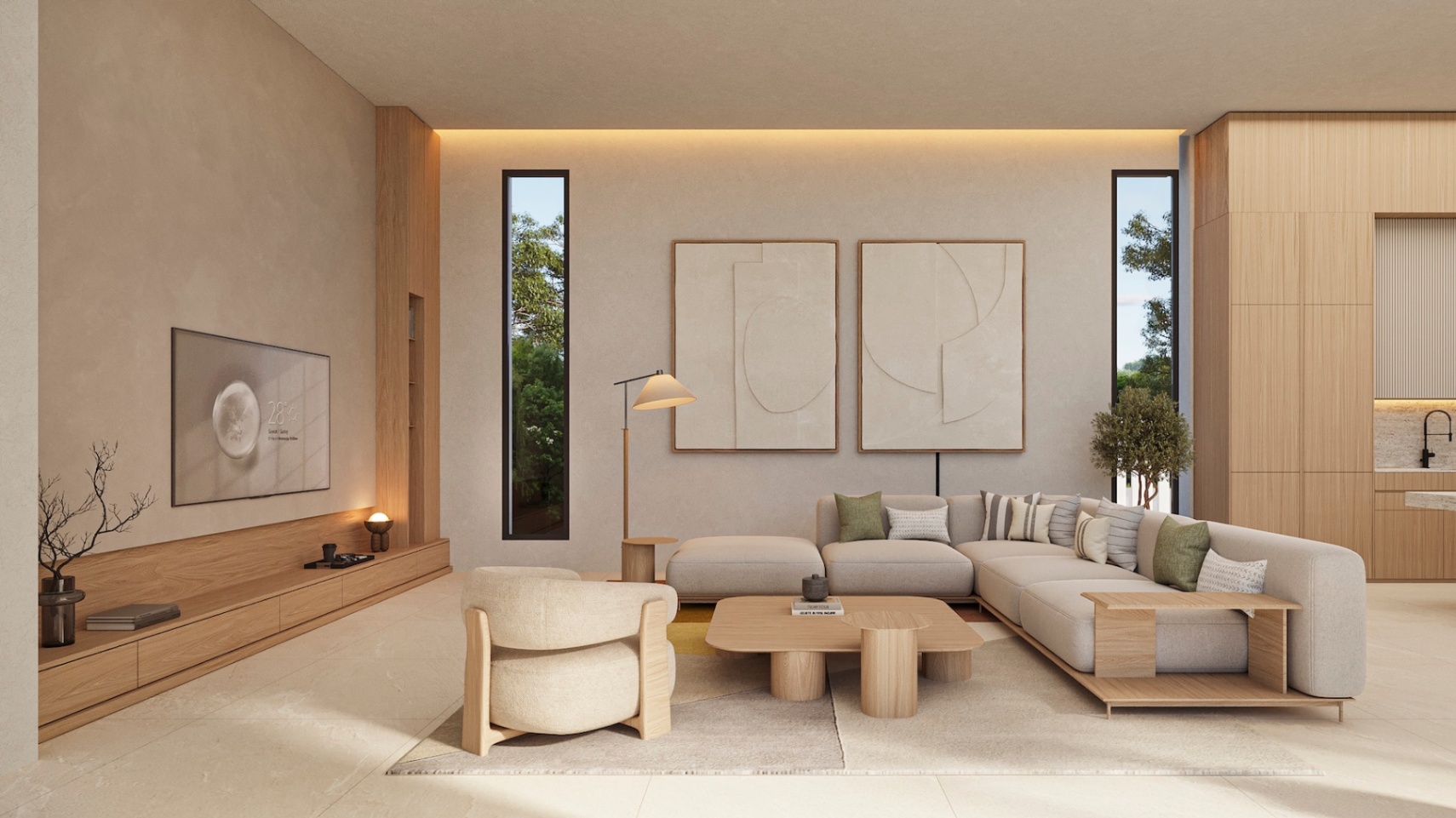 Contemporary living room featuring light wood cabinetry, a modular neutral sofa, and integrated LED ceiling lighting with vertical floor-to-ceiling windows.