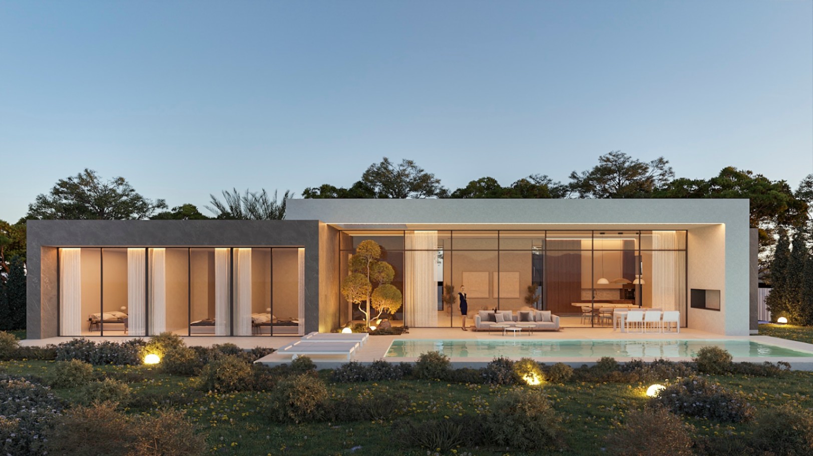Exterior view of the contemporary villa featuring floor-to-ceiling glass walls, an illuminated 52 m² pool, and a landscaped garden with spherical lighting.