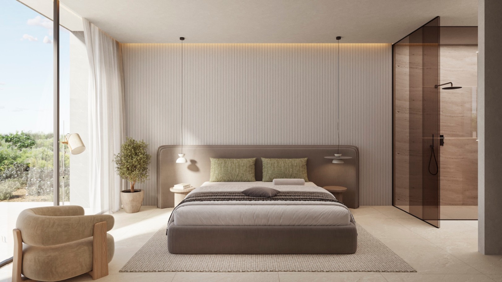 Master bedroom featuring a vertical slatted accent wall, recessed lighting, and floor-to-ceiling windows. An integrated shower with smoked glass adds a modern touch.