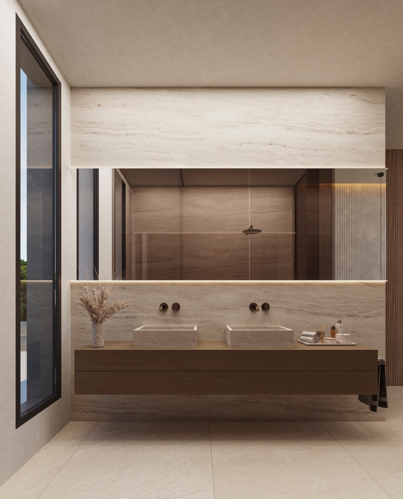 Modern bathroom featuring a floating wooden vanity with dual stone sinks, matte black wall-mounted faucets, and a large backlit mirror against travertine walls.