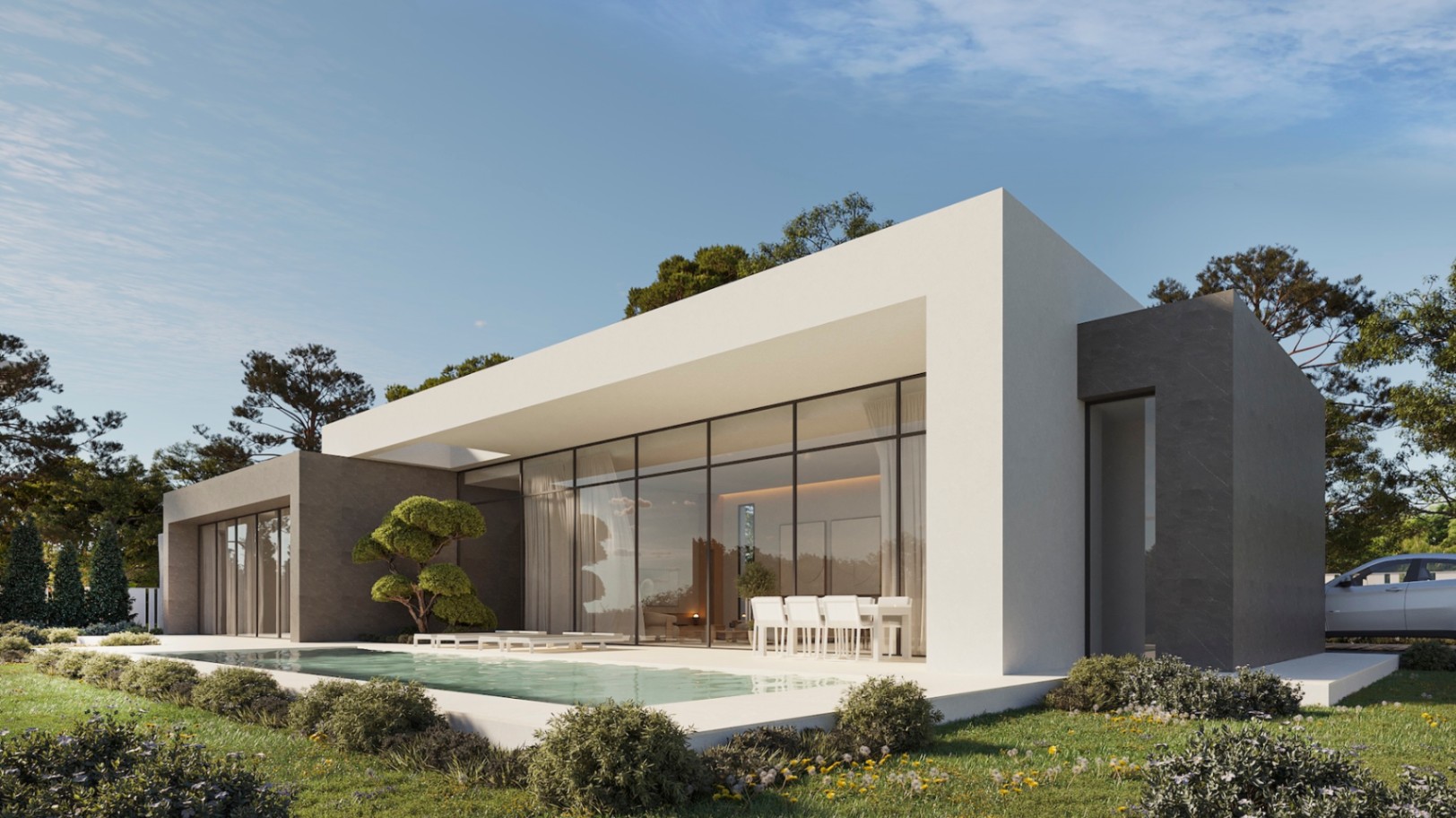 Modern single-story villa featuring floor-to-ceiling glass walls, a rectangular swimming pool, and a white terrace with outdoor dining area.