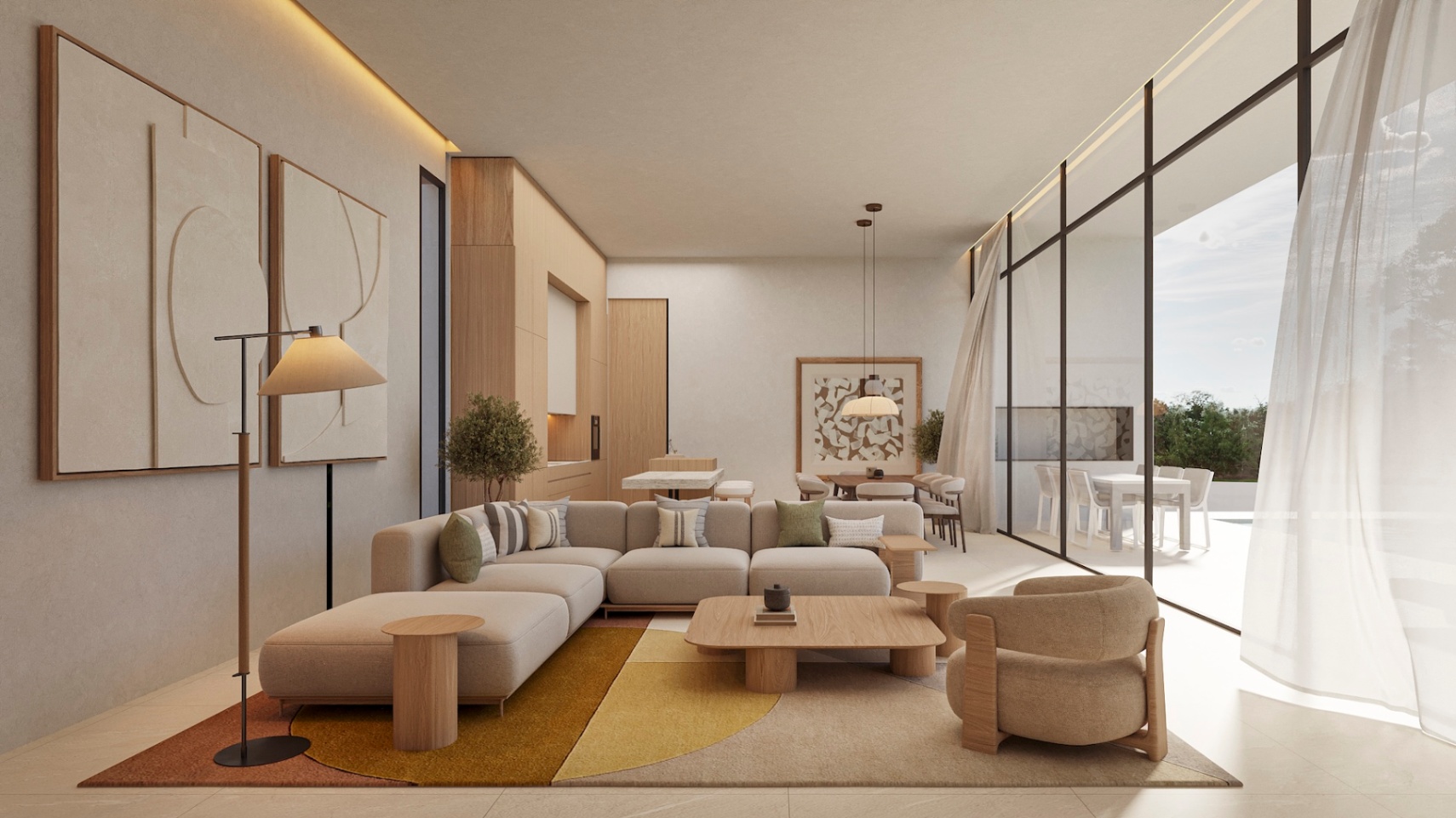 Open-concept living area featuring floor-to-ceiling windows, neutral-toned contemporary furniture, integrated LED lighting, and seamless access to the outdoor terrace.