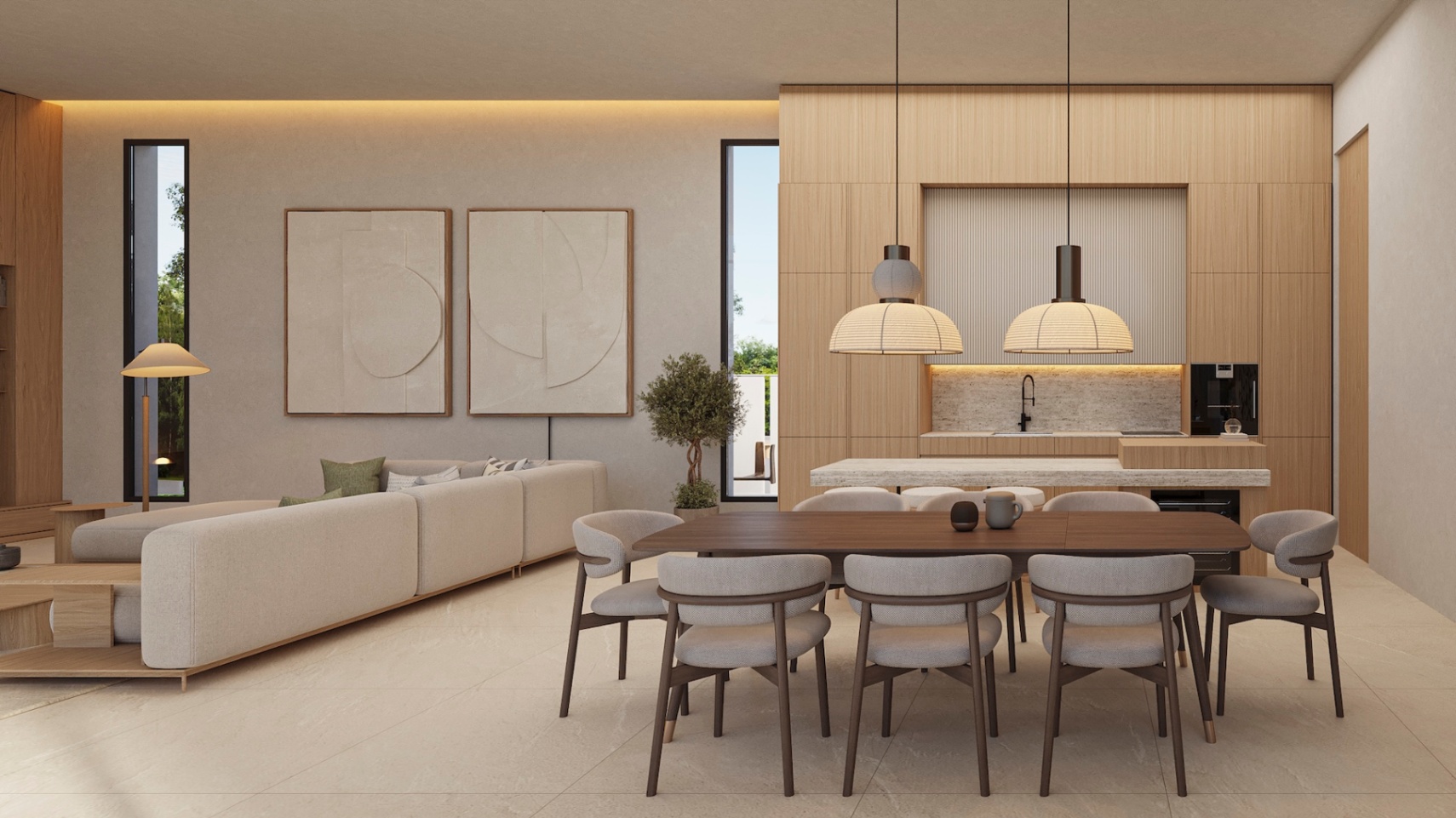 Open-plan dining area featuring a dark wood table and upholstered chairs, adjacent to a minimalist kitchen with oak cabinetry and stone island.