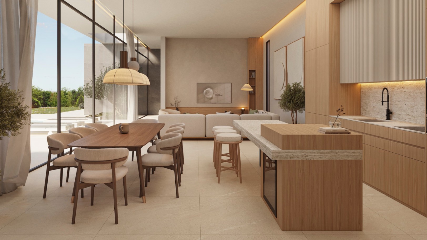 Open-plan living area featuring a designer kitchen with stone countertops, wooden cabinetry, and floor-to-ceiling glass walls that merge the interior with the terrace.