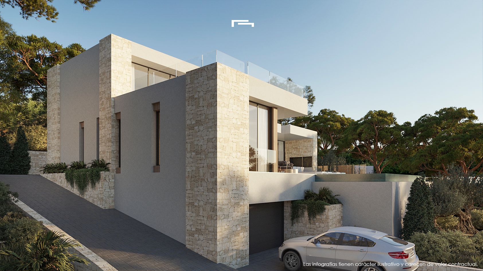 Exterior view of the modern villa featuring natural stone cladding, a sloped driveway to the garage, and glass-railed terraces set against a backdrop of pine trees.
