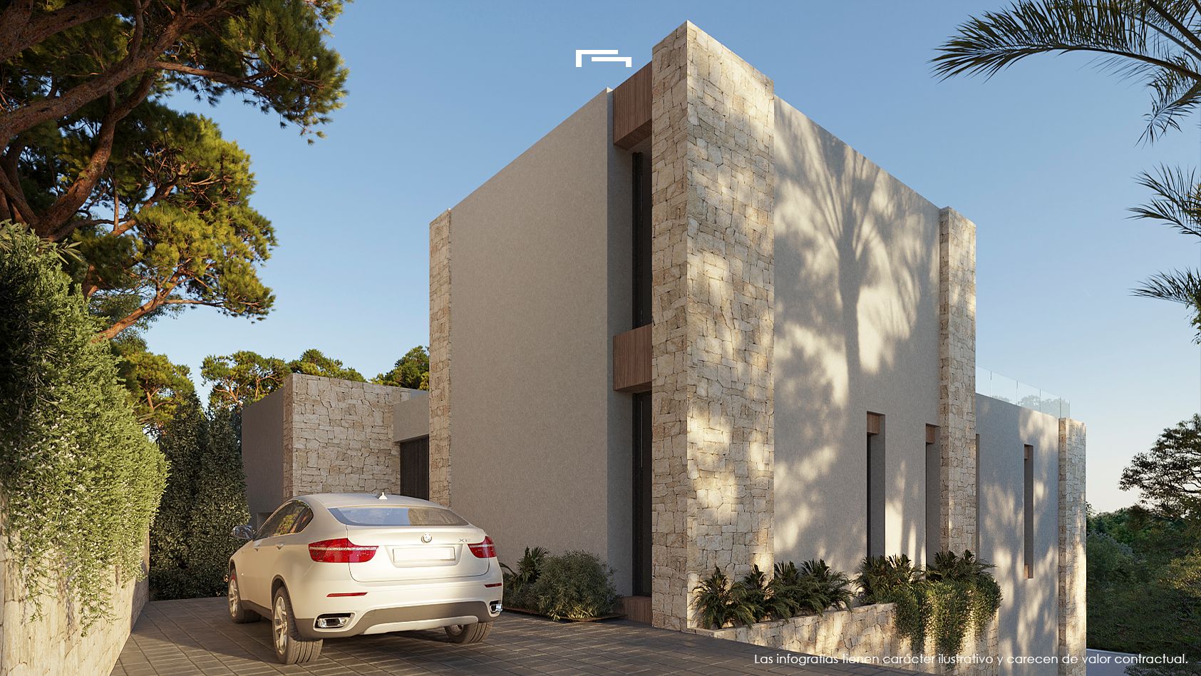 Modern facade featuring natural stone pillars, smooth plaster walls, and wooden accents, set against a backdrop of Mediterranean pines and clear skies.