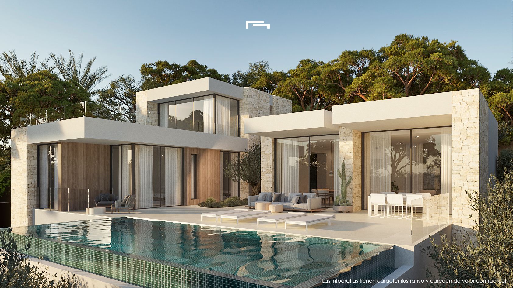 Modern villa facade featuring natural stone walls, large glass windows, and an infinity pool terrace set against a backdrop of Mediterranean pines.