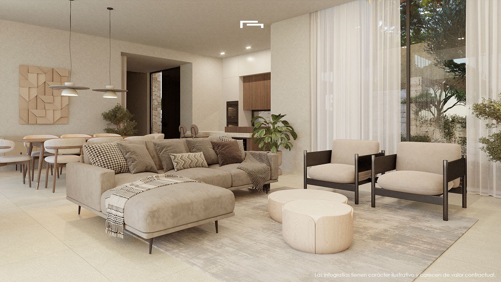 Open-concept living area featuring contemporary neutral furniture, floor-to-ceiling windows with sheer drapes, and an integrated dining space with designer pendant lighting.