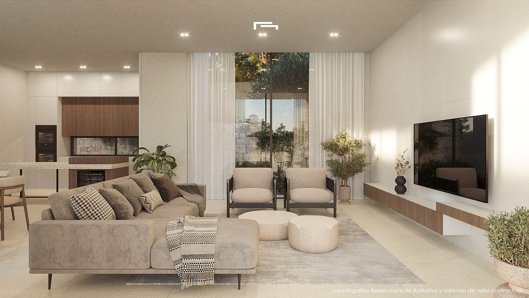 Open-concept living room featuring neutral-toned seating, a floating media console, and an integrated kitchen with dark wood cabinetry and recessed ceiling lighting.