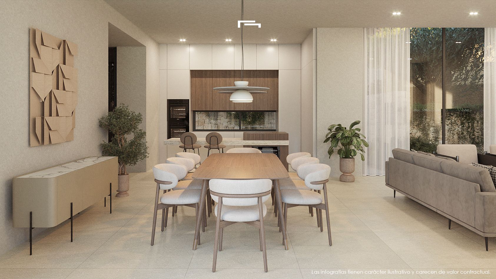 Open-plan dining and kitchen space featuring a wooden table for eight, designer pendant lighting, and integrated cabinetry with stone finishes.